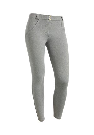 Leggings grigi realizzati in materiale elasticizzato con un design aderente, dotati di una vita con due bottoni e tasche laterali.