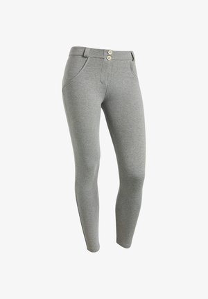 Leggings gris en matériau extensible avec un design ajusté, dotés d'une taille avec deux boutons et de poches latérales.
