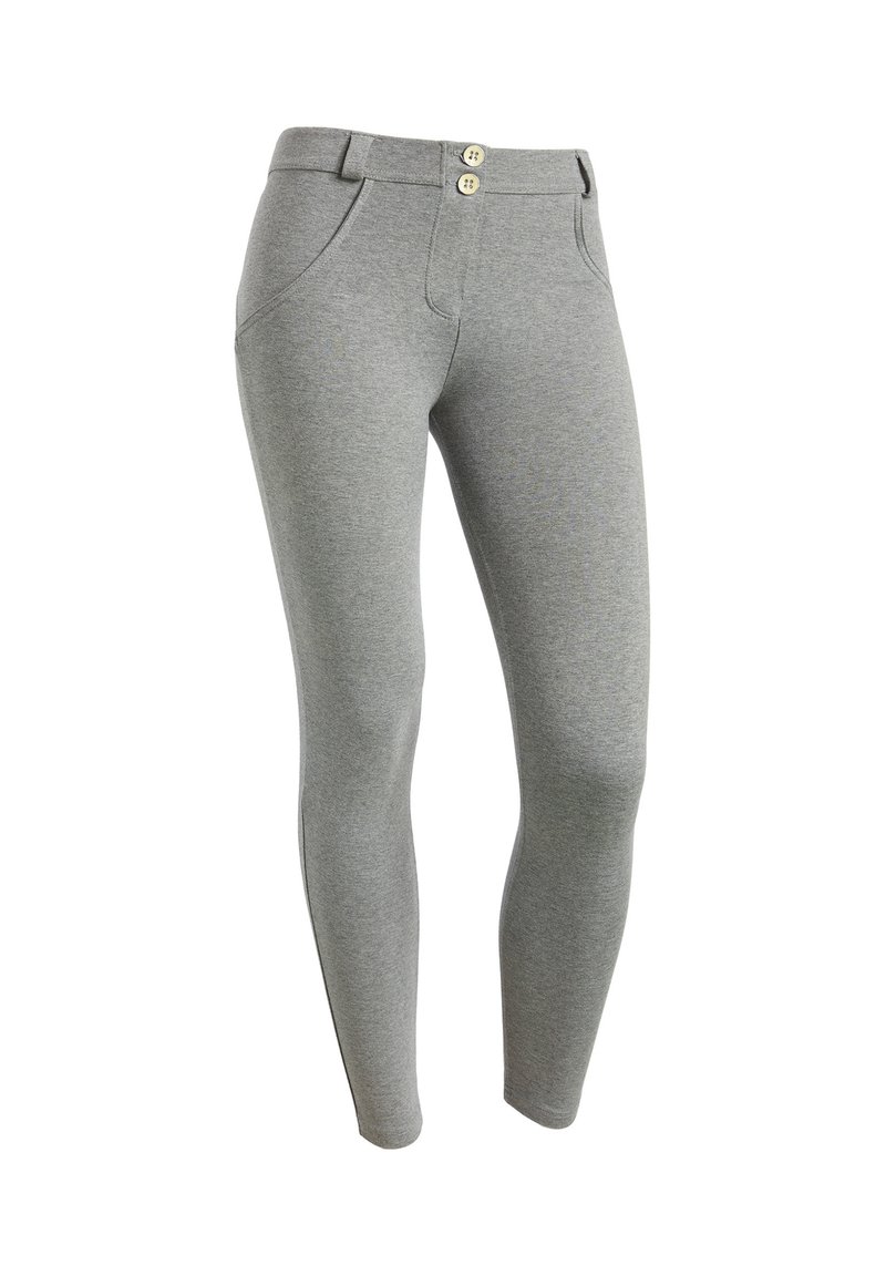 Leggings grigi realizzati in materiale elasticizzato con un design aderente, dotati di una vita con due bottoni e tasche laterali.