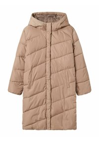 Beige pufferjacka med huva, med diagonala stygn, två sidofickor och en medellång design. Slät textur och lättviktsmaterial.