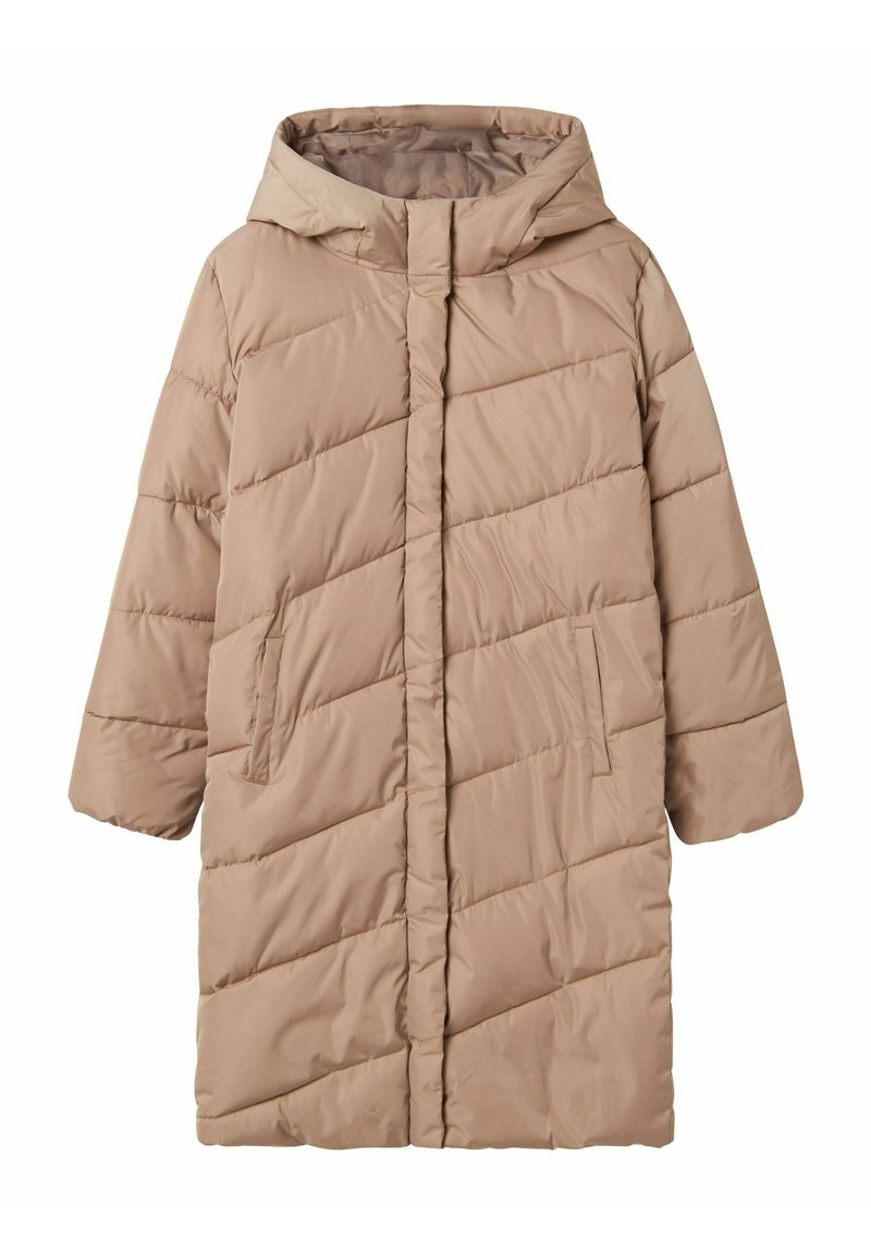 Beige pufferjacka med huva, med diagonala stygn, två sidofickor och en medellång design. Slät textur och lättviktsmaterial.