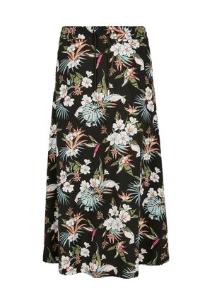 Gonna midi nera con stampa floreale tropicale multicolore e vita con coulisse.