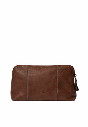Brown leather zippered pouch with subtle stitching details and a small embossed brand name on the front center.