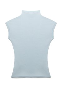 Top senza maniche di colore azzurro chiaro, con collo alto e texture a costine, dalla forma aderente e bordi puliti. Design semplice senza chiusure visibili.