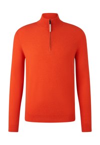 Jasnopomarańczowy sweter z żebrowanym splotem, z długimi rękawami i krótkim zamkiem błyskawicznym z przodu przy wysokim kołnierzu.