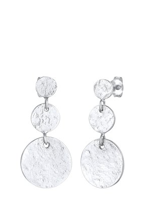 Ohrhänger aus silberfarbenem Metall mit drei runden, strukturierten Scheiben, die vertikal miteinander verbunden sind, mit Stecker-Verschluss.