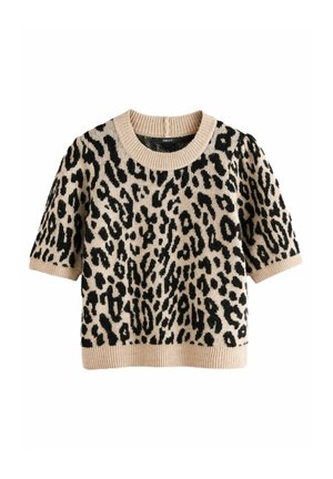 Beige Strickpullover mit kurzen Ärmeln und schwarzem Leopardenmuster. Gerippter Ausschnitt und Ärmelbündchen verleihen dem Design Textur.