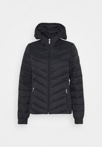 Doudoune noire avec un design en chevrons, capuche, fermeture éclair à l'avant et poches latérales. Fabriquée en matériau léger et matelassé.