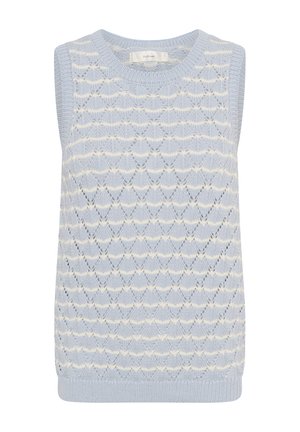 Světle modrá pletená vesta bez rukávů s diamantovým krajkovým vzorem a bílými vodorovnými proužky.