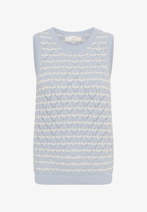 Světle modrá pletená vesta bez rukávů s diamantovým krajkovým vzorem a bílými vodorovnými proužky.