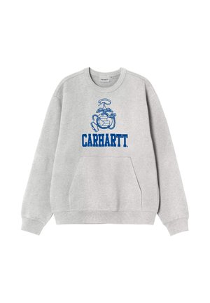 Felpa grigio chiaro con logo Carhartt blu ed emblema dei Marine Corps, con tasca frontale a marsupio e polsini a costine.