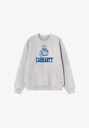Felpa grigio chiaro con logo Carhartt blu ed emblema dei Marine Corps, con tasca frontale a marsupio e polsini a costine.