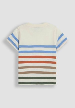 Short-sleeve t-shirt in cream with multicolored horizontal stripes, featuring blue, red, brown, and green bands. Standard crew neck design.