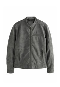 Giubbotto in pelle grigia con colletto rialzato, tasche con zip, dettagli rigati sulle spalle e una texture opaca liscia.