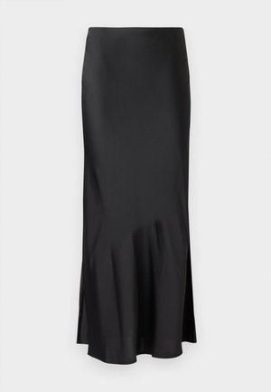 Svart sateng midi skjørt med et stilrent design, som har en lett utflaring fra kanten og glidelåsspalte på siden for bevegelsesfrihet. Glatt tekstur.