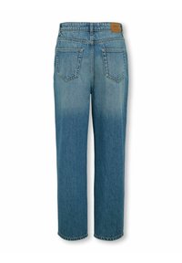 Jeans in denim blu con un design a gamba dritta, cinque tasche e una patch in pelle tan sul retro della vita. Leggera scoloritura vicino ai fondi.