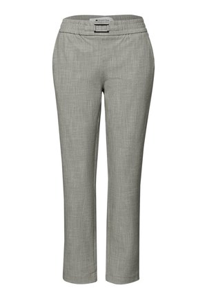 Pantaloni grigio chiaro slim fit con un delicato motivo testurizzato, vita elasticizzata e piccolo dettaglio con fibbia metallica sul davanti.