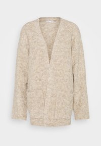 Béžový pletený kardigan s výstřihem do V, dlouhými rukávy, dvěma předními kapsami a měkkým, texturovaným povrchem.