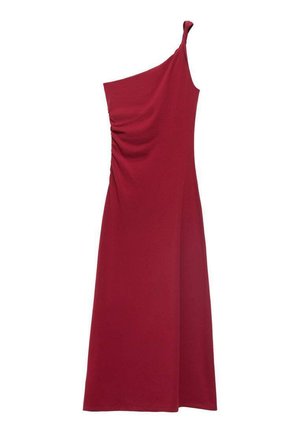 One-shoulder, ruched red dress with a flowy silhouette, ideal for formal occasions or evening wear.