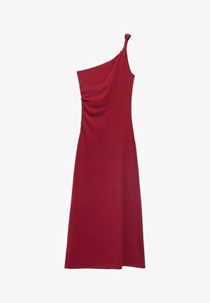 One-shoulder, ruched red dress with a flowy silhouette, ideal for formal occasions or evening wear.