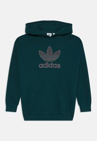 Temno teal kapuca iz mehkega blaga, z sprednjo kenguru žepom, ribastimi manšetami in vezenim Adidas trefoil logotipom v sivi barvi.