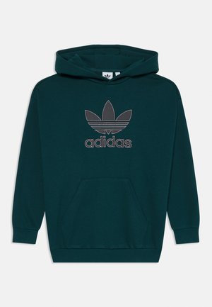 Mørk teal hettegenser laget av myk stoff, med en frontkangaroo lomme, ribbede mansjetter og en broderte Adidas trefoil-logo i grå.