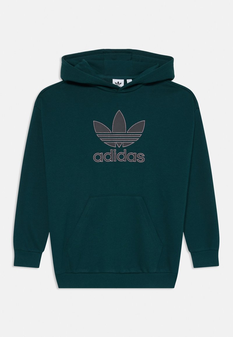 Temno teal kapuca iz mehkega blaga, z sprednjo kenguru žepom, ribastimi manšetami in vezenim Adidas trefoil logotipom v sivi barvi.