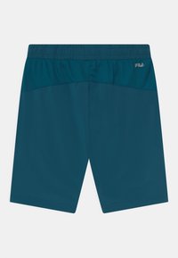 Tyrkysové šortky s hladkým povrchem, se šňůrkou v pase a síťovaným detailem nahoře, logo na pravé zadní straně.