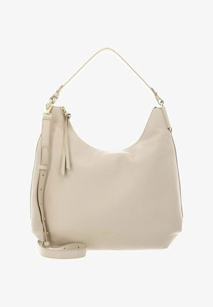 Beige leren schoudertas met korte handgreep en verstelbare lange riem, voorzien van goudkleurige hardware en ritstrekker.