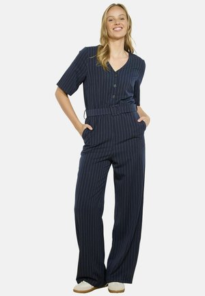 Marine jumpsuit met witte verticale strepen, korte mouwen, knopen vooraan, ceintuurring en een wijde broekspijpontwerp, voorzien van zijzakken.