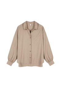 Camicia beige con bottoni, colletto, maniche lunghe a sbuffo, taschino singolo sul petto e vestibilità morbida. Texture liscia e lucentezza sottile.