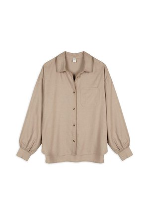 Chemise beige à boutons avec un col, manches longues bouffantes, poche poitrine unique et coupe décontractée. Texture lisse et léger éclat.