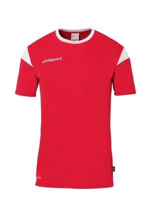 Rød sports t-shirt med hvide detaljer på ærmerne, rund hals og "uhlsport" logo på forsiden. Fremstillet af let og åndbart stof.