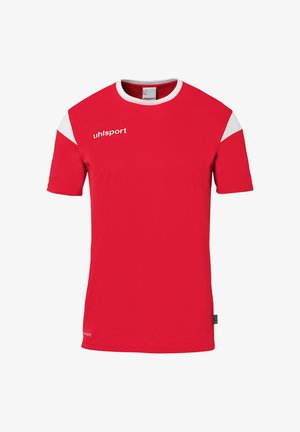 Rød sports t-shirt med hvide detaljer på ærmerne, rund hals og "uhlsport" logo på forsiden. Fremstillet af let og åndbart stof.