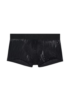Calzoncillos bóxer para hombre en color negro con un patrón perforado transparente, cintura elástica con logo en relieve y diseño de pierna corta.