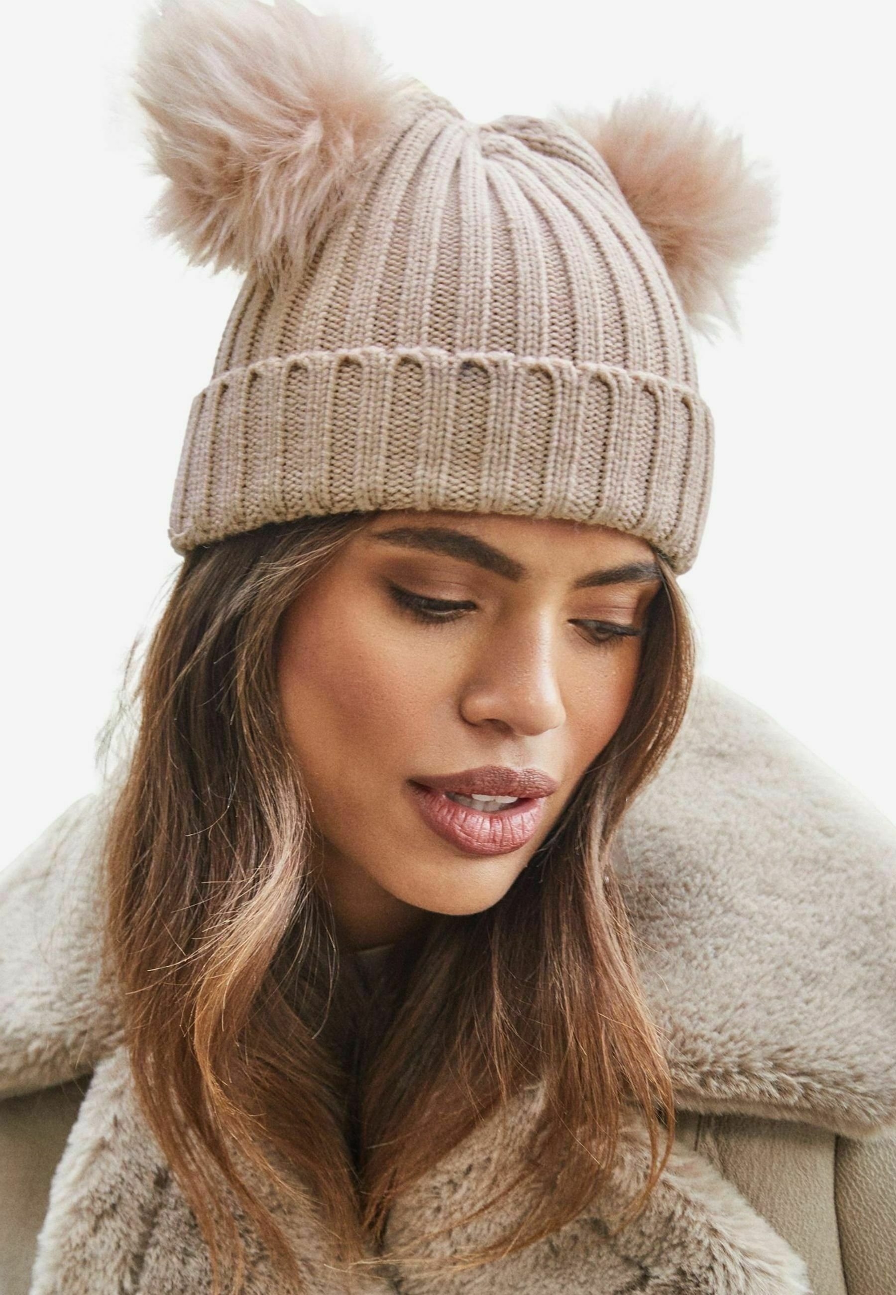 Faux Fur Pom Womens Double Pom Pom Beanie Cozy Hat Winter Hat With