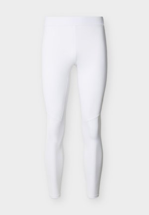Leggings atletici bianchi, a gamba intera e aderenti, con una vita alta, mostrati contro uno sfondo chiaro uniforme.