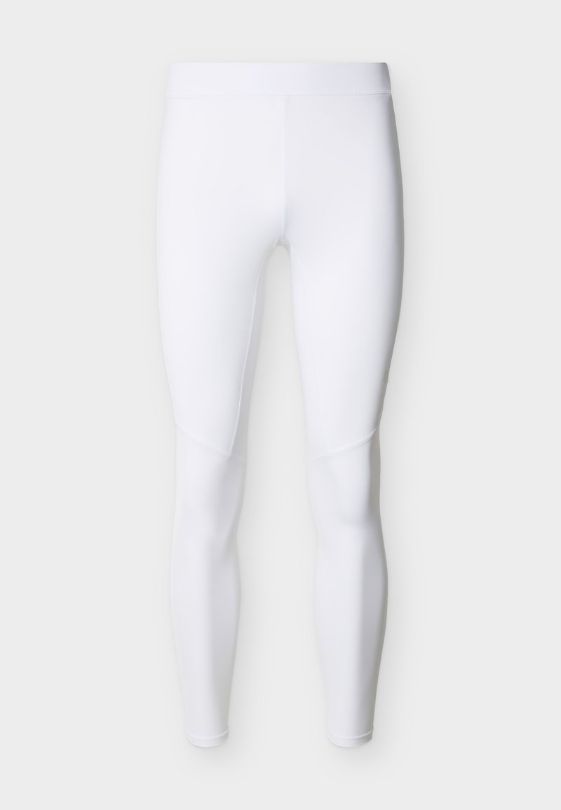 Άσπρο, εφαρμοστό αθλητικό κολάν πλήρους μήκους με ψηλή μέση, που παρουσιάζεται σε απλό ανοιχτό φόντο.