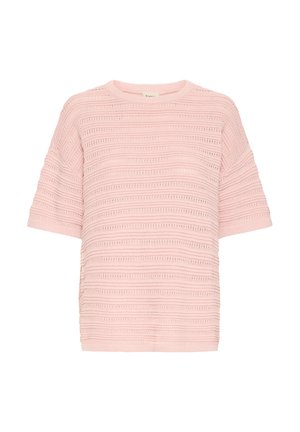 Világos rózsaszín, rövid ujjú kötött pulóver vízszintes texturált csíkokkal és kerek nyakkivágással.