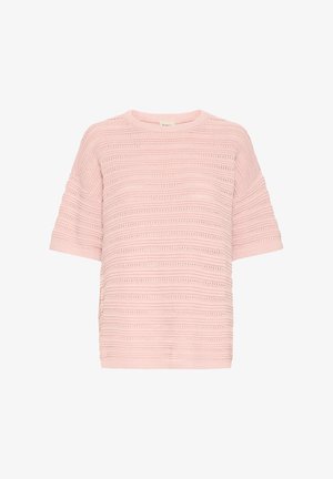 Világos rózsaszín, rövid ujjú kötött pulóver vízszintes texturált csíkokkal és kerek nyakkivágással.