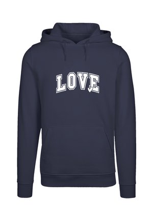Navy blue hoodie with white text reading "LOVE" and a heart detail. Features a front pocket and drawstring hood. Soft, fleece texture.