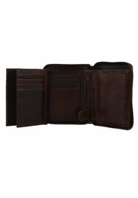 Billetera de cuero marrón con cierre de cremallera, múltiples compartimentos para tarjetas y un bolsillo transparente para identificación. Textura suave con un acabado mate.