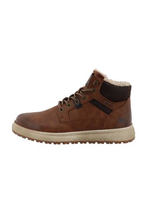 Bottine en cuir marron avec semelle beige, lacets à l'avant, col rembourré foncé et doublure intérieure douce crème pour temps froid.