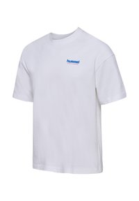 White cotton t-shirt with short sleeves, crew neckline, and "hummel" logo in blue and pink on the left chest area. Simple design.