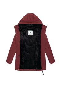 Burgundy vadderad jacka med huva och svart konstpälsfoder; har tryckknappar och en etikett inuti. Slät ytstruktur.