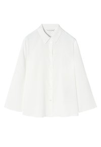 White button-up shirt with a classic collar, long sleeves, and smooth fabric, featuring a straight hem and subtle button details.