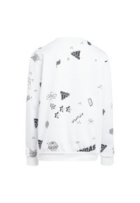 Felpa bianca con stampe grafiche nere, tra cui stelle, bandiere e loghi del marchio, collo rotondo, maniche lunghe e vestibilità comoda.