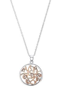 Collana in argento con pendente rotondo decorato con viti floreali in oro rosa e piccoli gemme trasparenti incastonate.