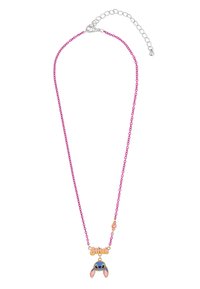 Collier perlé rose avec un pendentif doré représentant le visage et les oreilles d'un personnage de dessin animé, accompagné du texte "Stitch" en dessous.