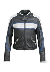 Giubbotto da moto in pelle nera con accenti bianchi e blu, presenta un colletto alto, una cerniera frontale e due tasche con zip.